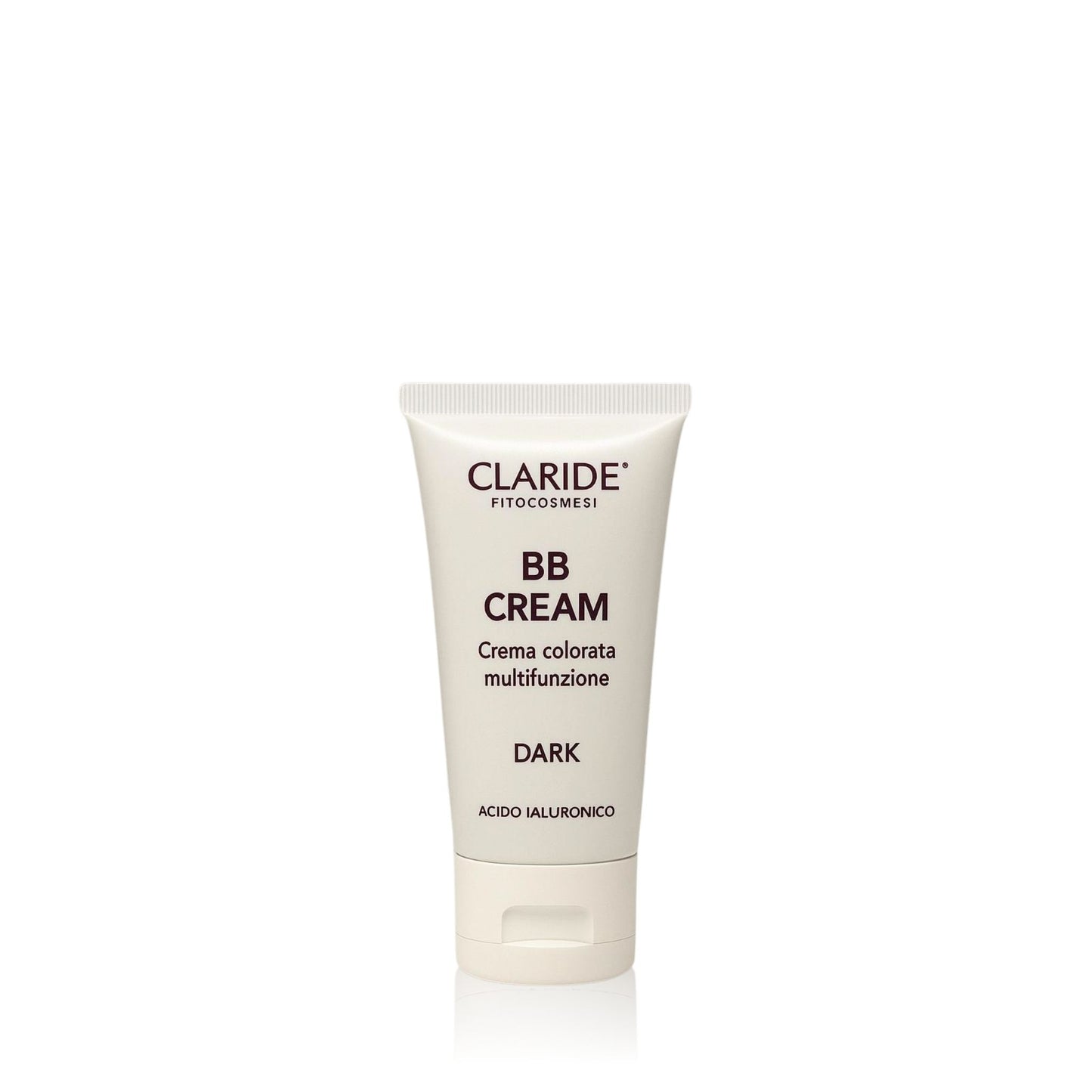 Primo piano del tubo di BB Cream Claride Fitocosmesi, Crema con Acuq Shuttle multifunzione nella tonalità DARK, arricchita con Acido Ialuronico, formato 50 ml.