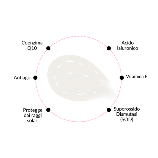 Infografica dei benefici della crema Claride SOD: con Coenzima Q10, Acido Ialuronico, Vitamina E, SOD, azione antiage e protezione solare.