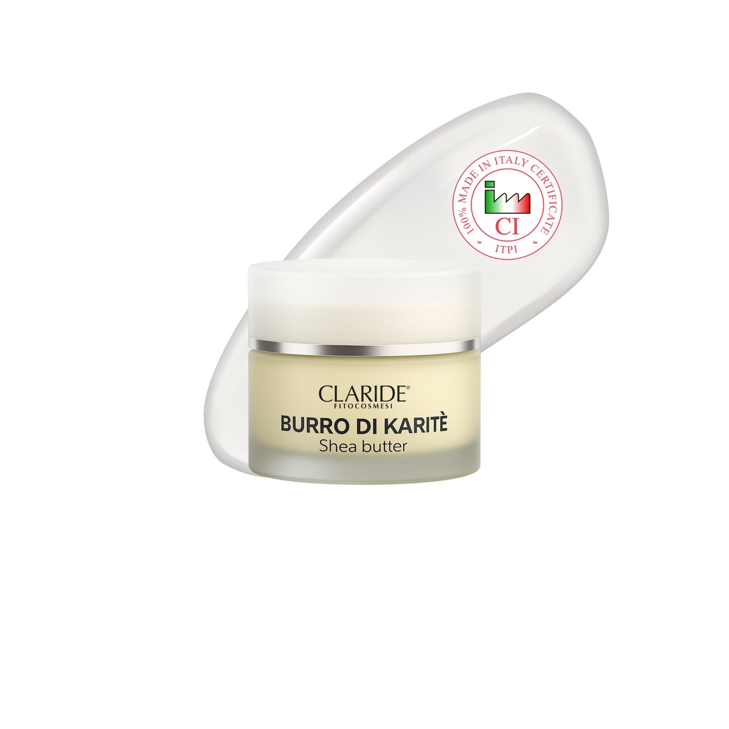 Vasetto di Burro di Karitè Claride Fitocosmesi con texture e bollino del certificato ufficiale 100% Made in Italy ITPI.