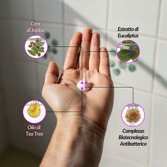 Claride Fitocosmesi Crema Piedi 100ml con ingredienti chiave: Cera di Jojoba, Estratto di Eucaliptus, Olio di Tea Tree e Complesso Biotecnologico Antibatterico.