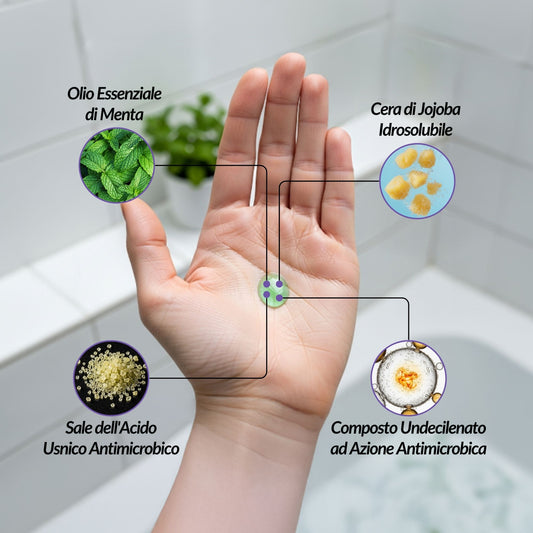 Infografica che illustra gli ingredienti chiave del detergente intimo Claride fitocosmesi, tra cui Olio Essenziale di Menta, Cera di Jojoba, Sale dell'Acido Usnico e Composto Undecilenato.