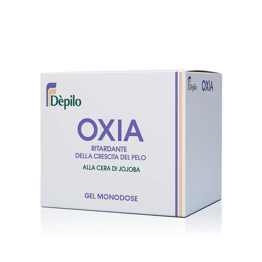 Scatola del Gel Oxia Dèpilo, crema ritardante alla Papaya. La confezione contiene 6 tubi monodose per rallentare la crescita dei peli dopo la depilazione.