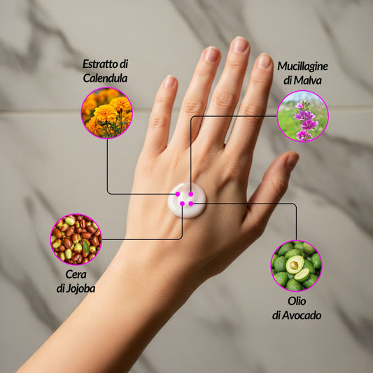 Infografica degli ingredienti della Crema Corpo Claride fitocosmesi: Estratto di Calendula, Mucillagine di Malva, Olio di Avocado e Cera di Jojoba.