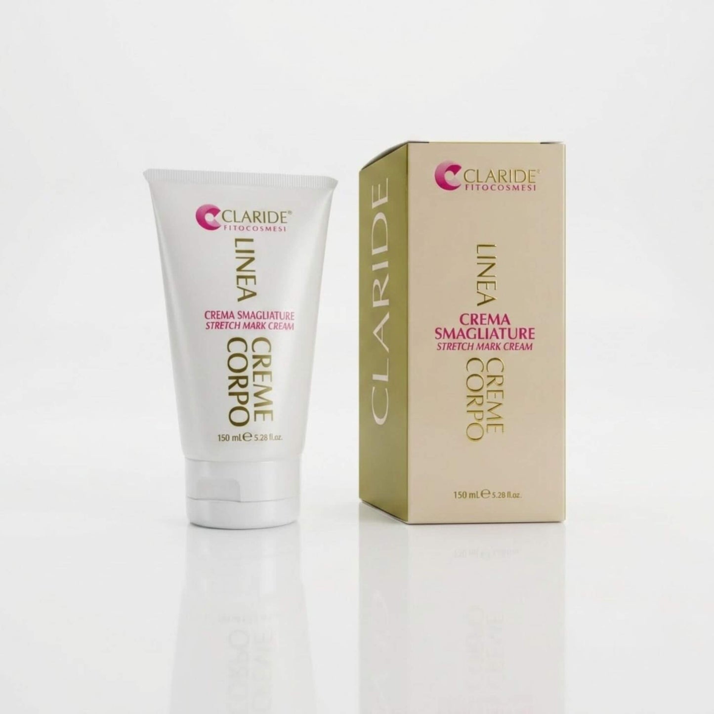 Tubo bianco da 150ml e scatola panna e oro della Crema Smagliature Claride Fitocosmesi della Linea Creme Corpo. Trattamento intensivo elasticizzante (Stretch Mark Cream) per prevenire e attenuare la comparsa delle smagliature, su fondo bianco con riflesso.