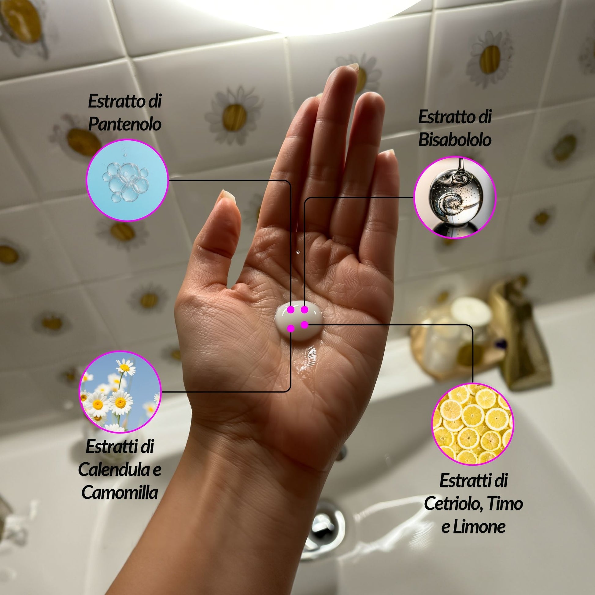 Mano che mostra la consistenza della crema mani Claride Fitocosmesi con infografiche degli ingredienti: estratti di Pantenolo, Bisabololo, Calendula, Camomilla, Cetriolo, Timo e Limone.