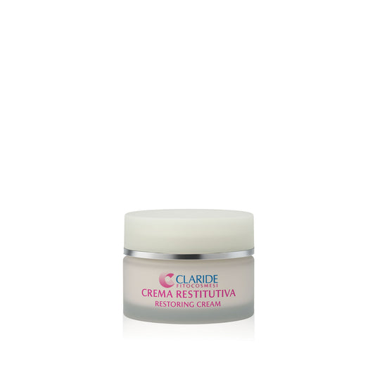 Vasetto da 50 ml della Crema Restitutiva Antietà di Claride Fitocosmesi, un trattamento viso con Collagene e Ginseng per pelli mature e per ridurre le rughe.