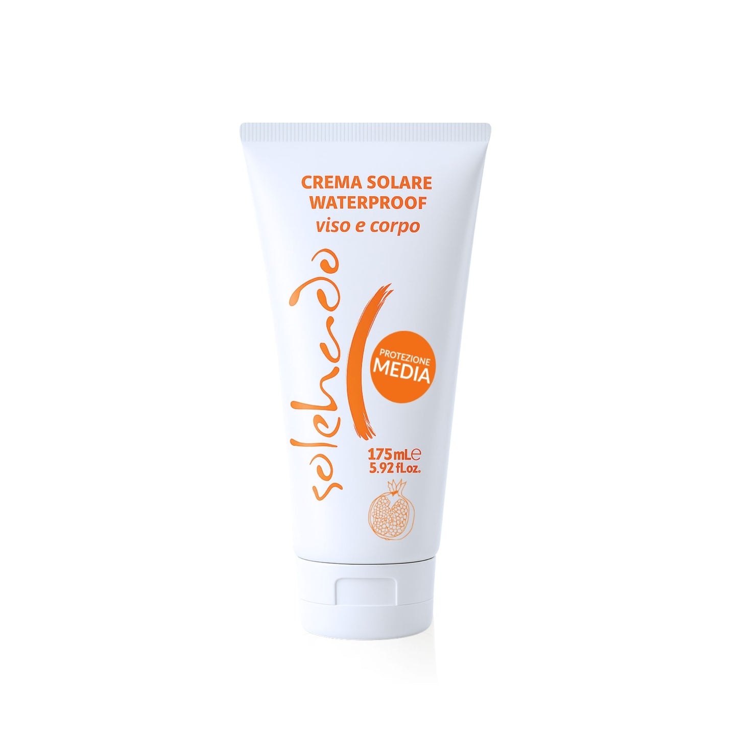 Tubo di Crema Solare Media Protezione Waterproof al Melograno per viso e corpo Solehado di Claride Fitocosmesi da 175 ml, ideale per pelli chiare o non abbronzate.