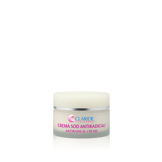 Vasetto da 50 ml della Crema Viso SOD Antiradicali di Claride Fitocosmesi, un trattamento antiossidante con Coenzima Q10 e Acido Ialuronico per proteggere la pelle dall'invecchiamento.