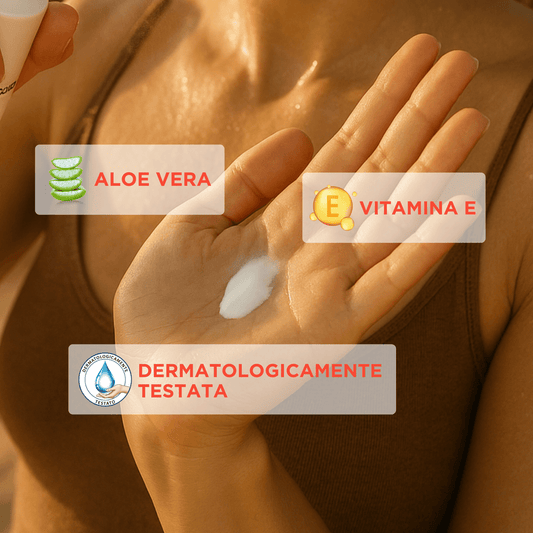 striscia crema solare spray solehado con benefici: aloe vera, vitamina E, dermatologicamente testata