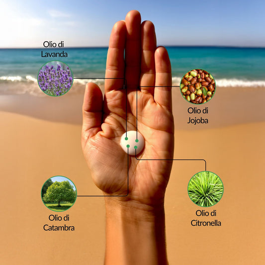 Doposole naturale Green Protection in formato airless da 50 ml. Lenisce la pelle con Olio di Jojoba e Lavanda e protegge dalle zanzare grazie a Catambra e Citronella.