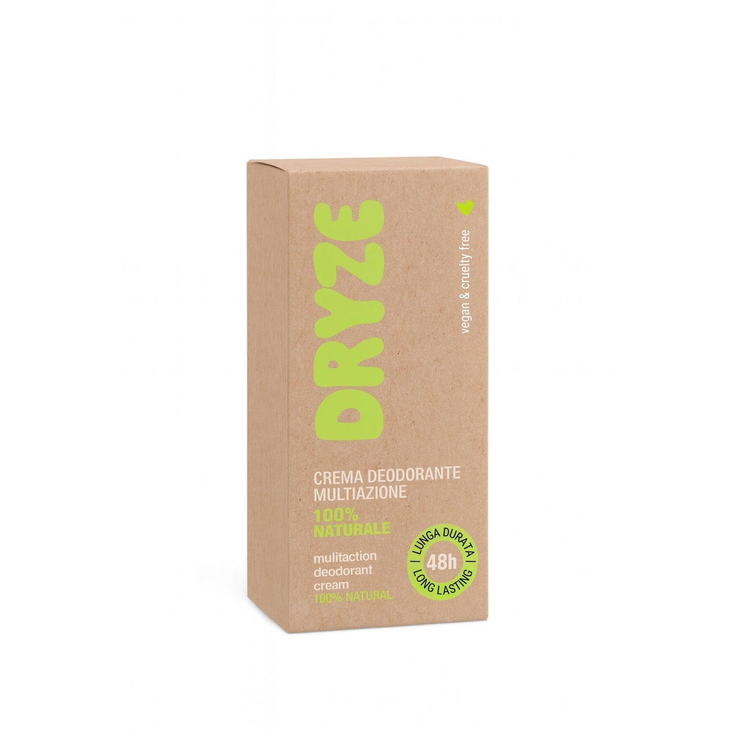 Scatola di cartone riciclato per il deodorante in crema multi-azione DRYZE da 15 ml. La scatola è marrone chiaro con il logo "DRYZE" in verde brillante. Sulla confezione si legge "CREMA DEODORANTE MULTIAZIONE 100% NATURALE" e "LUNGA DURATA 48h LONG LASTING". Nell'angolo in alto a destra è presente una piccola icona a forma di cuore con la scritta "vegan & cruelty free
