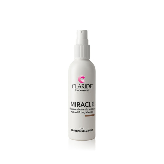 Flacone spray bianco del fissante trucco naturale Claride Fitocosmesi Miracle con proteine del grano, per un make up rinfrescante e a lunga tenuta.