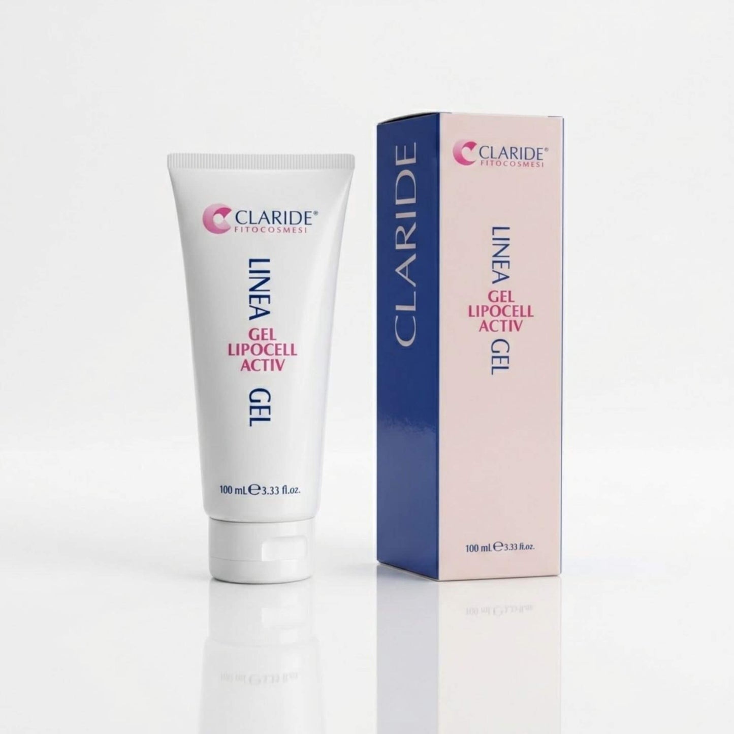 Tubo bianco e scatola con pannello blu intenso del Gel Lipocell Activ Claride Fitocosmesi. Trattamento corpo intensivo in gel ad azione snellente e anticellulite per contrastare le adiposità localizzate, su fondo bianco con riflesso.
