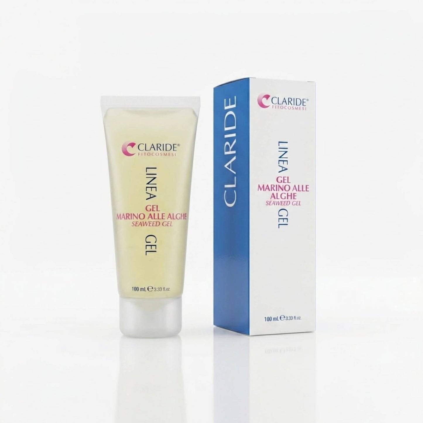 Tubo trasparente che mostra la texture in gel dorata e scatola bianca con pannello blu del Gel Marino alle Alghe Claride Fitocosmesi. Trattamento corpo drenante e rinfrescante (Seaweed Gel) per contrastare gonfiore e ritenzione idrica, su fondo bianco con riflesso.