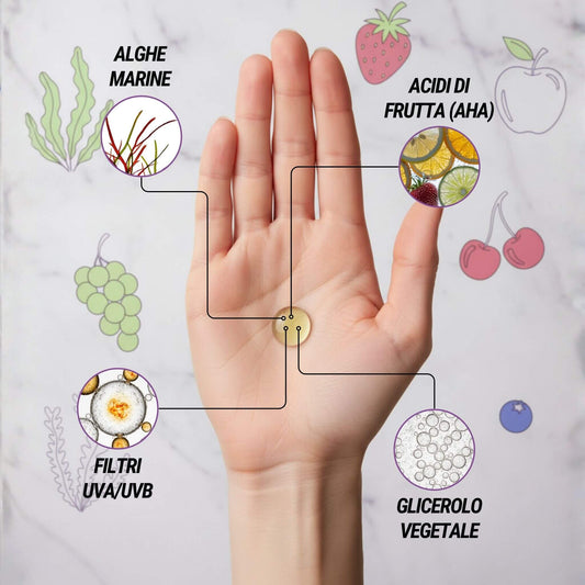 Infografica che mostra gli ingredienti principali di un siero schiarente su una mano: Alghe Marine, Acidi di Frutta (AHA), Filtri UVA/UVB e Glicerolo Vegetale.