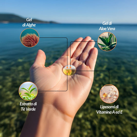 Infografica con gli ingredienti dell'Acqua Bronze Solehado: Gel di Alghe, Gel di Aloe Vera, Estratto di Tè Verde e Liposomi di Vitamina A ed E.