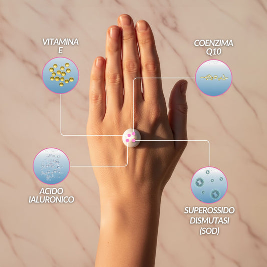 Infografica degli ingredienti della crema SOD antiradicali: Vitamina E, Acido Ialuronico, Coenzima Q10 e Superossido Dismutasi (SOD) visualizzati attorno a una mano.