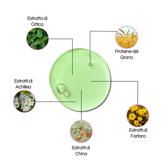 Infografica degli ingredienti della lozione gel capillare Claride Fitocosmesi: contiene estratto di ortica, proteine del grano, estratti di achillea, china e farfara.