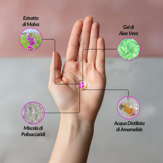 Infografica con gli ingredienti chiave del Tonico Hydratante Claride fitocosmesi: Estratto di Malva, Gel di Aloe Vera, Acqua di Amamelide e Miscela di Polisaccaridi.