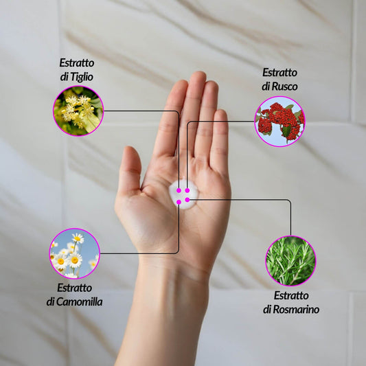 Latte detergente purificante con ingredienti naturali per pelli sensibili: Rosmarino, Rusco, Tiglio e Camomilla in una noce di prodotto sulla mano.