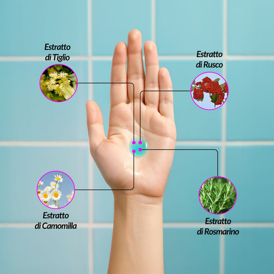 Latte gel normalizzante per pelli miste e sensibili con estratti di Rosmarino, Rusco, Tiglio e Camomilla, mostrato come goccia su una mano.