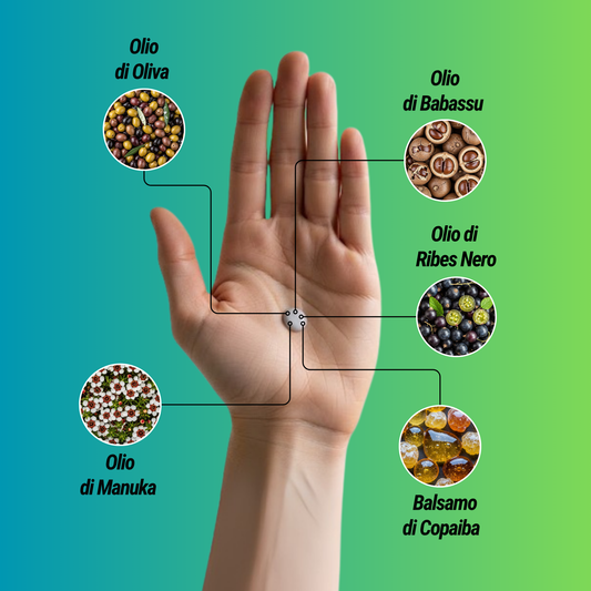 Illustrazione didattica su uno sfondo sfumato dal verde al blu. Una mano aperta è al centro, con linee che collegano un punto nel palmo a cinque cerchi contenenti immagini di ingredienti naturali: Olio di Oliva, Olio di Babassu, Olio di Ribes Nero, Olio di Manuka e Balsamo di Copaiba. L'immagine evidenzia gli oli e i balsami come componenti di un prodotto.