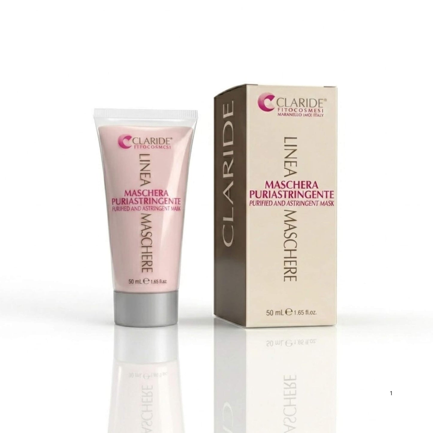Tubo trasparente con tappo argento che mostra la morbida texture color cipria e scatola della Maschera Puriastringente Claride Fitocosmesi. Trattamento viso intensivo (Purified and Astringent Mask) per opacizzare, purificare e minimizzare i pori delle pelli miste, grasse e impure, su fondo bianco con riflesso.