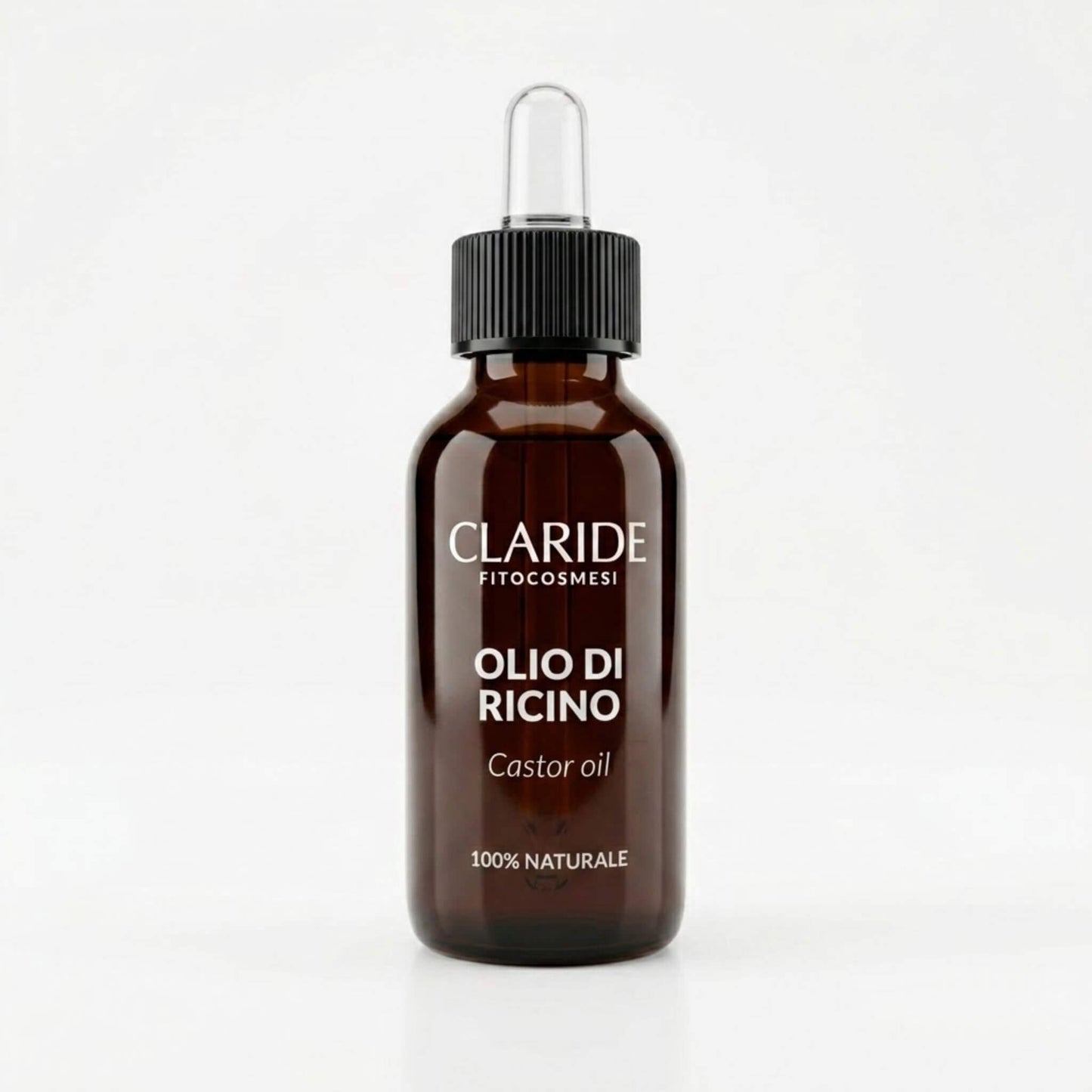 Flacone in vetro ambrato con contagocce di Olio di Ricino 100% Naturale Claride Fitocosmesi. Elisir botanico puro e multiuso, ideale per rinforzare, infoltire e nutrire ciglia, sopracciglia, unghie e capelli sfibrati, su fondo bianco.