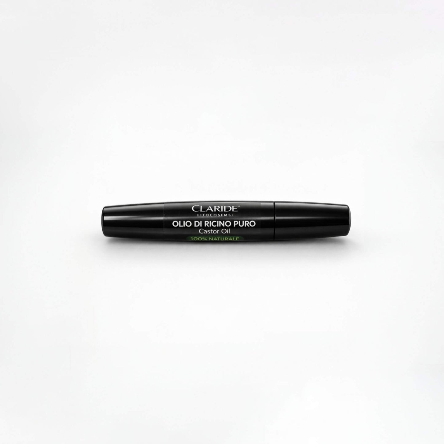 Flacone cilindrico nero lucido di Olio di Ricino Puro Claride Fitocosmesi con applicatore a scovolino per ciglia e sopracciglia. Scritta 100% Naturale in evidenza.