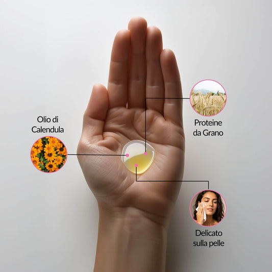 Olio doccia delicato Solehado sulla pelle con estratto di Calendula lenitiva e Proteine da Grano idratanti.