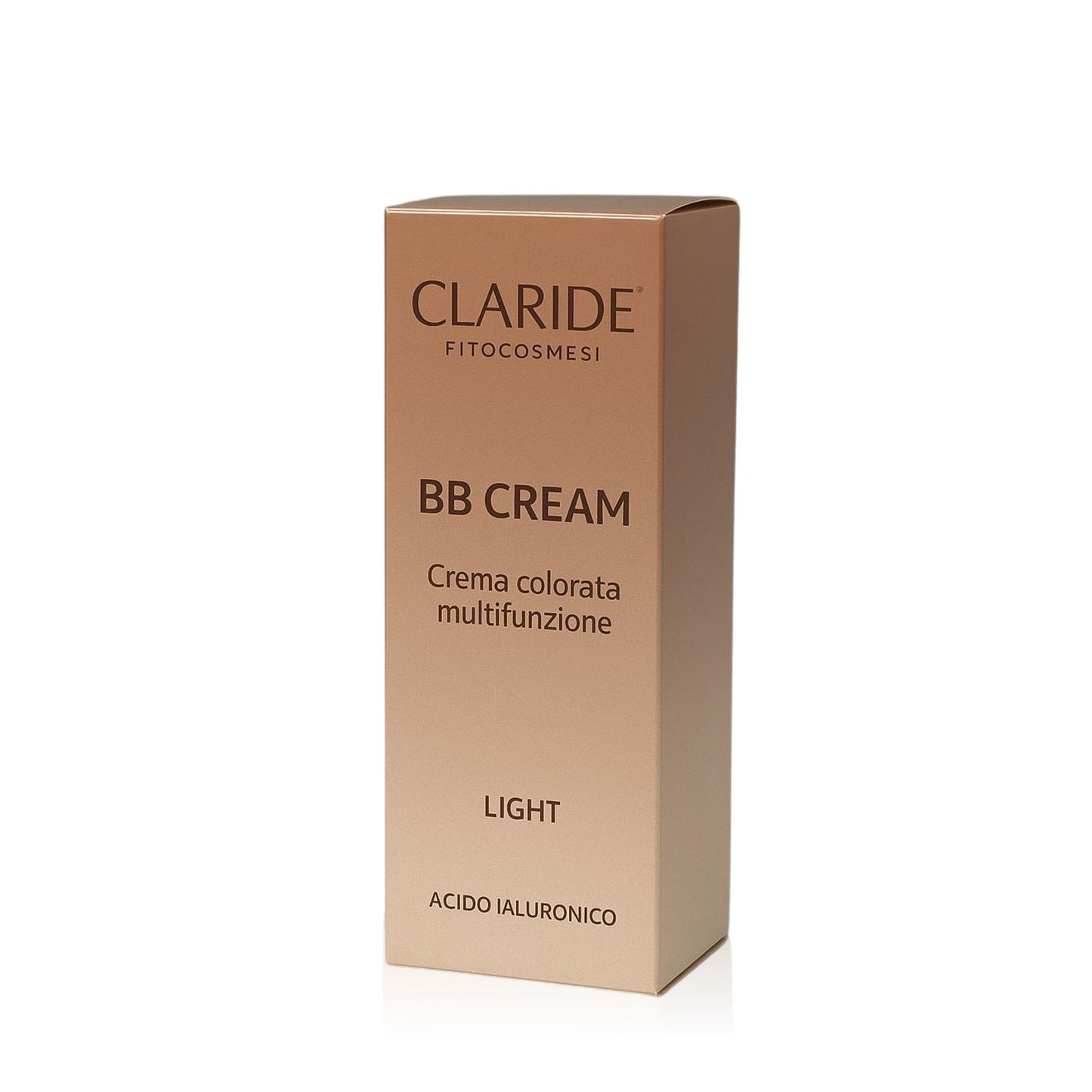Primo piano della scatola esterna chiara (sfumatura dal beige chiaro al marrone chiaro) di Claride Fitocosmesi BB Cream, Crema colorata multifunzione nella tonalità LIGHT, con indicazione 'Acido Ialuronico'.