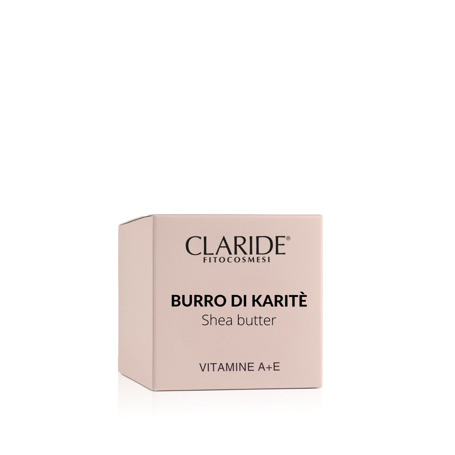 Scatola del Burro di Karitè con Vitamine A+E della linea Claride Fitocosmesi, su sfondo bianco.