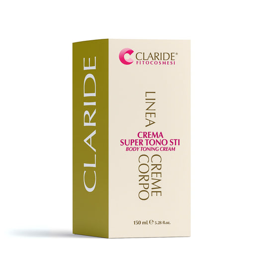 Scatola della Crema Corpo Rassodante Tonificante Super Tono STI di Claride Fitocosmesi, trattamento da 150 ml ideale contro rilassamenti cutanei e post-gravidanza.
