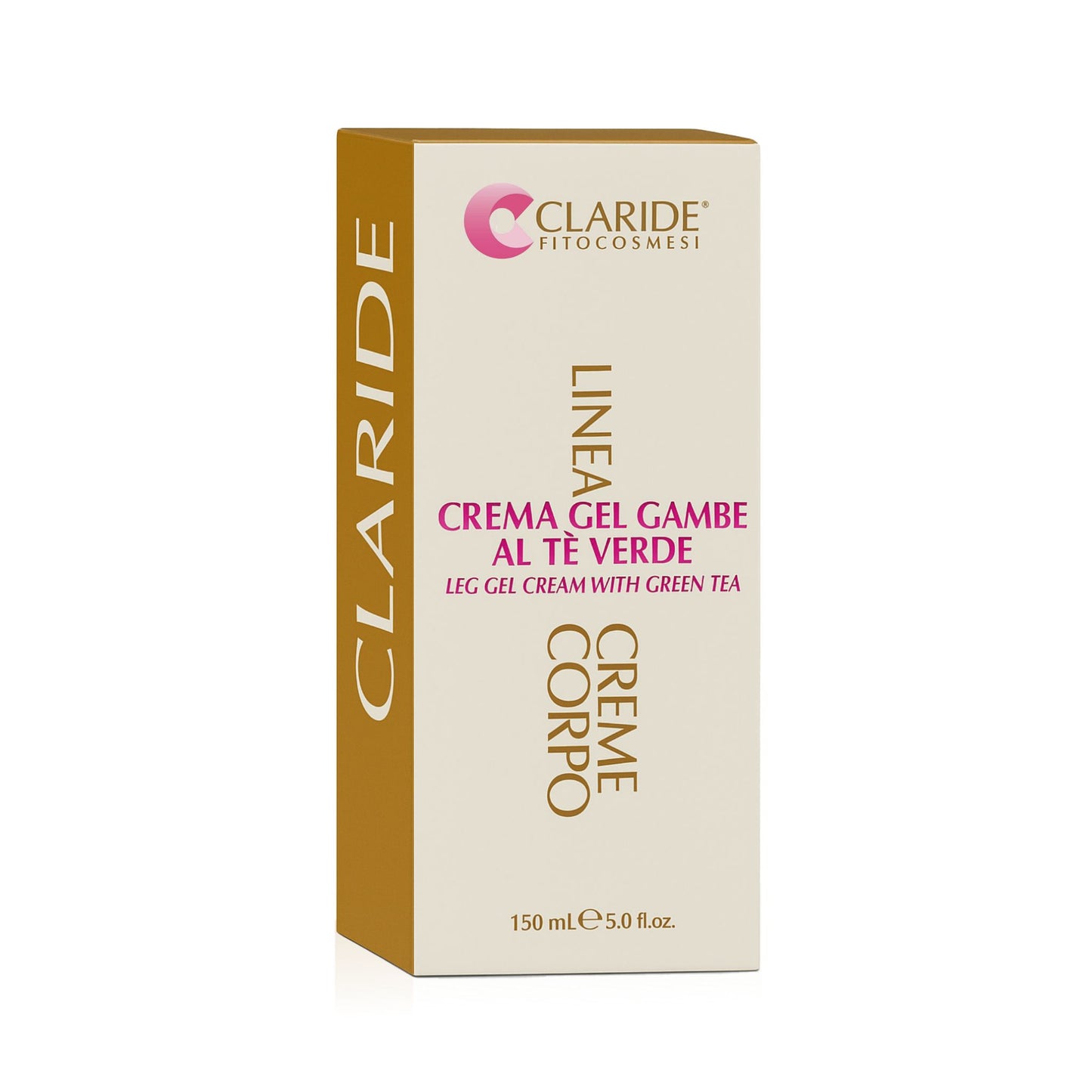 Packshot della scatola della Crema Gel Gambe al Tè Verde di Claride Fitocosmesi. La confezione beige e ocra della Linea Creme Corpo mostra il formato da 150 ml.