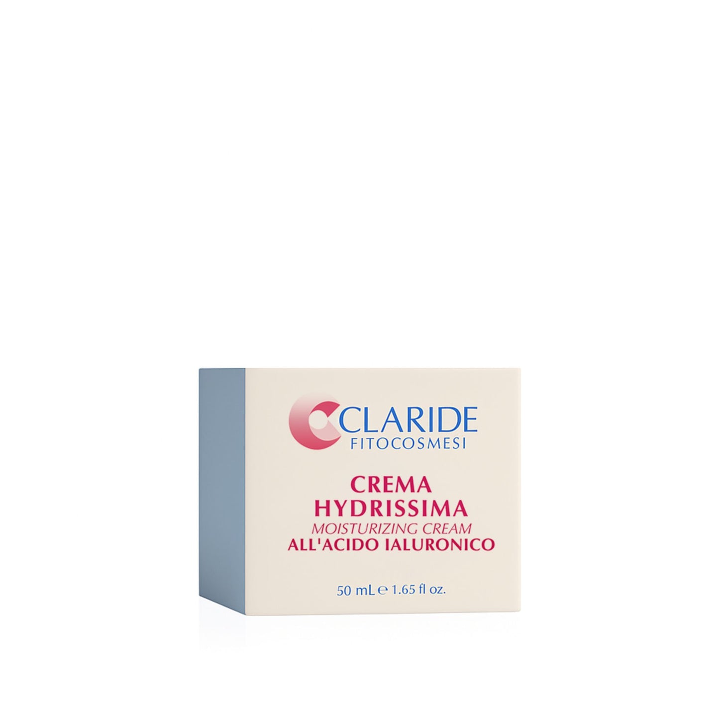 Crema viso idratante Hydrissima di Claride Fitocosmesi all'acido ialuronico, confezione del prodotto su sfondo bianco.