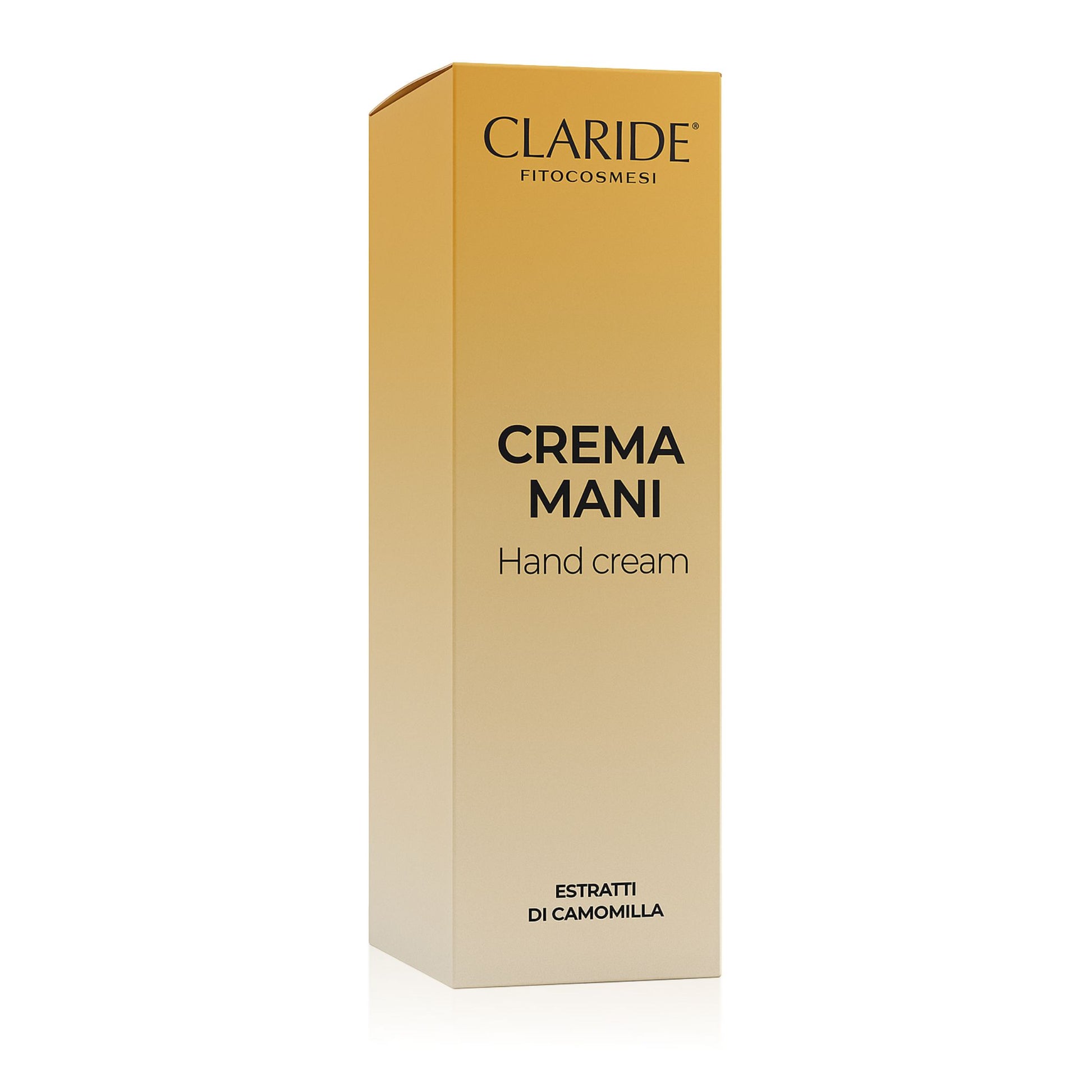 Scatola color ocra della crema mani agli estratti di camomilla di Claride Fitocosmesi, su sfondo bianco.