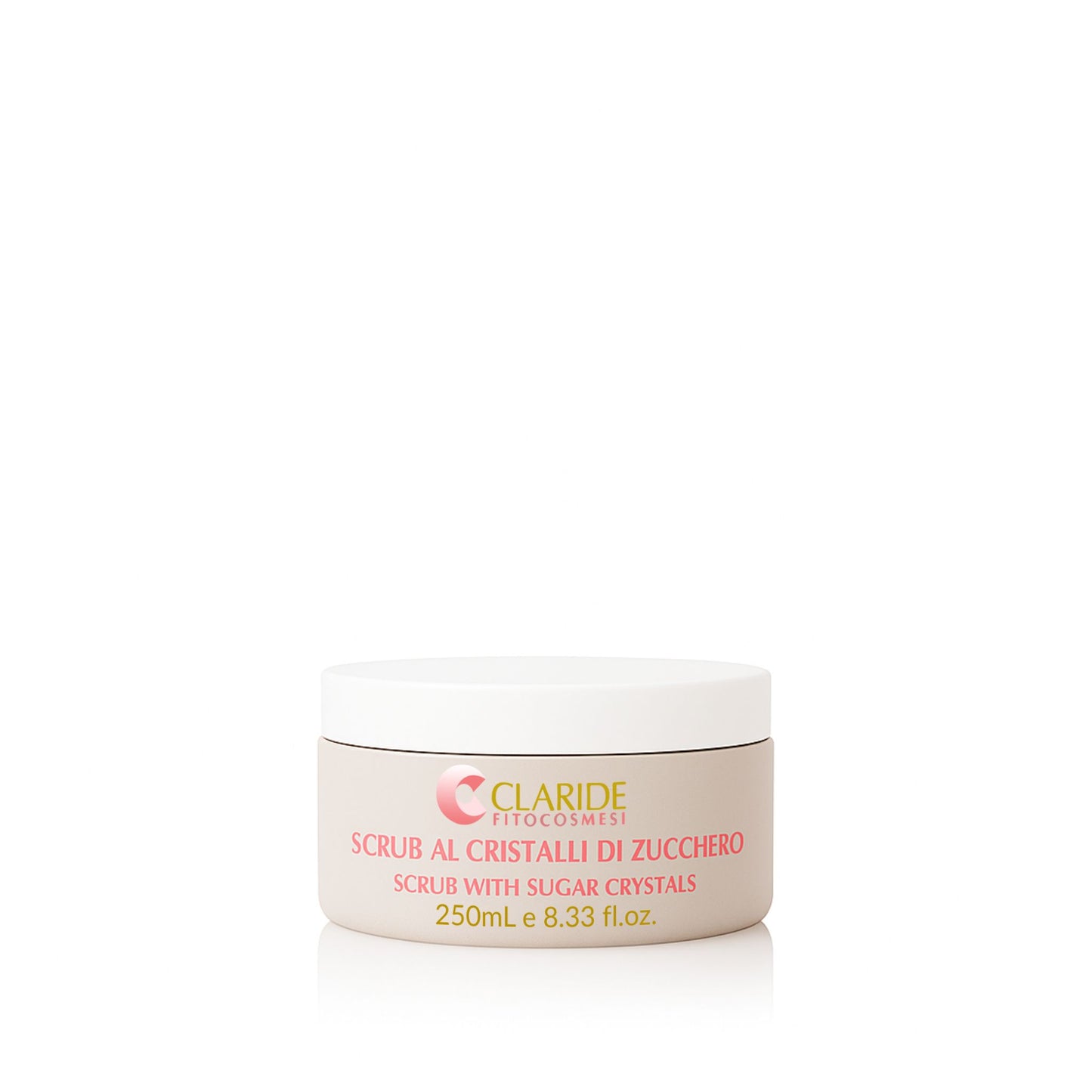 Scrub corpo ai cristalli di zucchero Claride Fitocosmesi. Vaso da 250 ml di scrub esfoliante e idratante con burro di cacao per tutti i tipi di pelle.