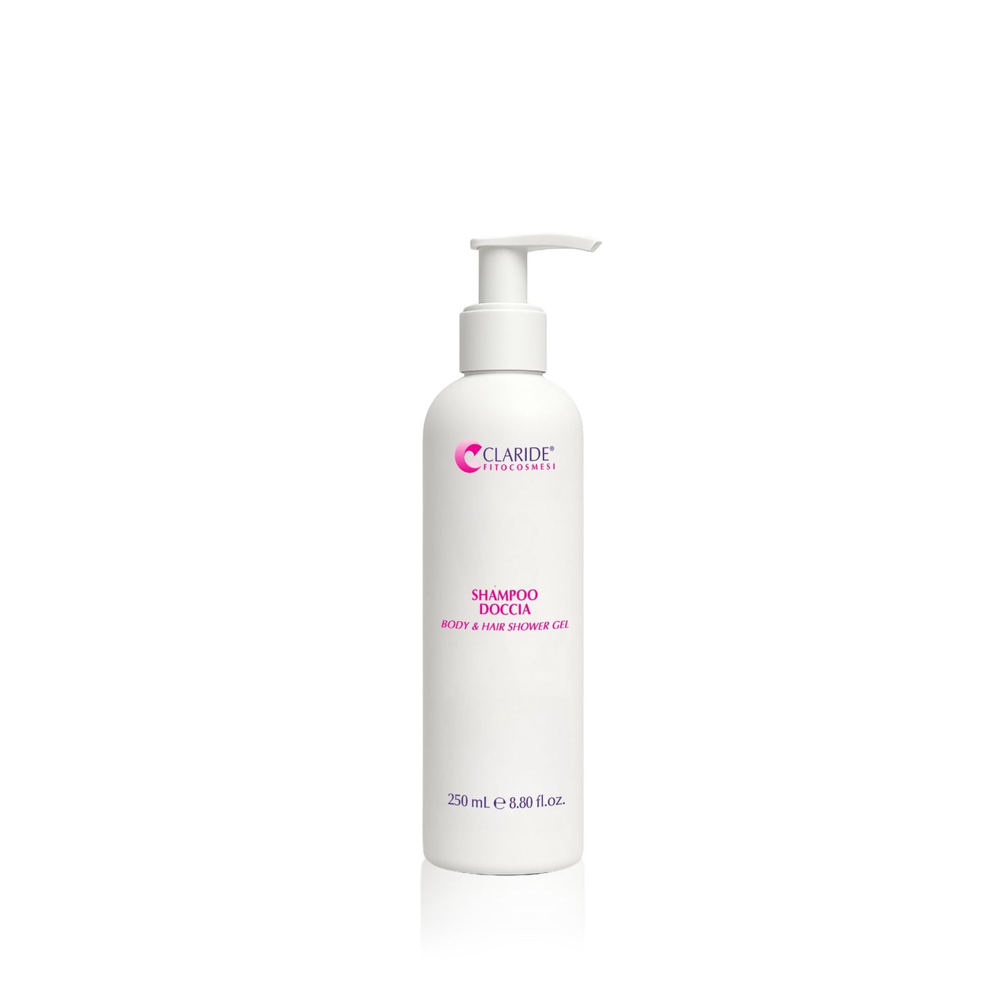 Flacone di Shampoo Doccia per corpo e capelli di Claride Fitocosmesi con dosatore da 250 ml.