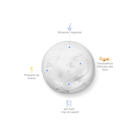 Infografica degli ingredienti e benefici dello shampoo doccia di Claride Fitocosmesi: Glicerolo Vegetale, Tensioattivo alla Soia, Proteine da Grano. Ideale per tutti i tipi di capelli.