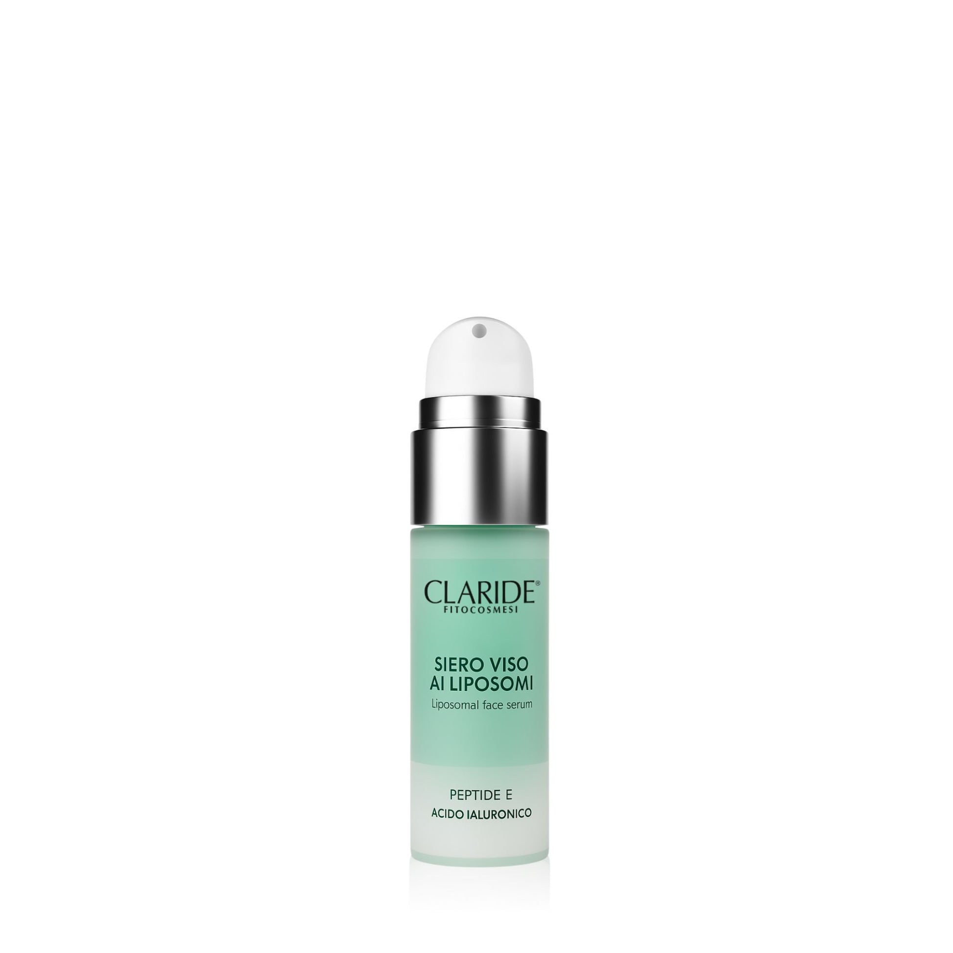 Flacone airless da 30 ml del Siero Viso ai Liposomi di Claride Fitocosmesi, con Acido Ialuronico e Peptidi per un'azione idratante e antirughe profonda.