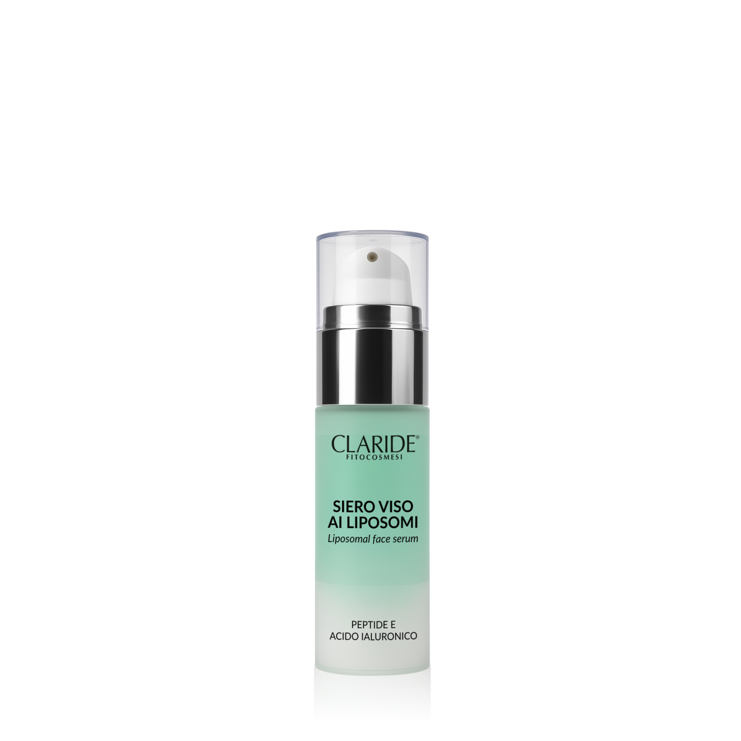 Flacone airless da 30 ml con tappo protettivo del Siero Viso ai Liposomi di Claride Fitocosmesi, con Acido Ialuronico e Peptidi per un'azione idratante e antirughe profonda.