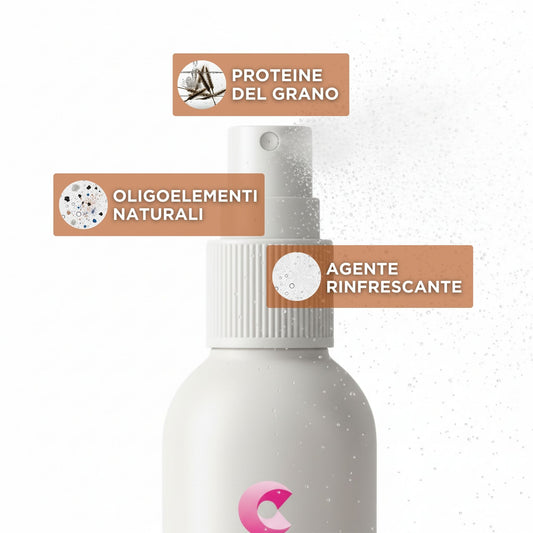 Flacone spray bianco del prodotto Miracle di Claride Fitocosmesi con evidenziati i suoi componenti principali: Proteine del grano, Oligoelementi naturali e Agente rinfrescante.
