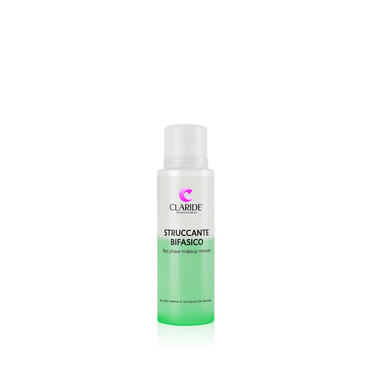Flacone dello Struccante Bifasico di Claride Fitocosmesi, per rimuovere il trucco waterproof da occhi e labbra, con formula lenitiva all'Aloe Vera e Acqua di Rose.