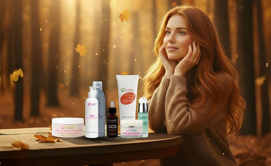 Donna con capelli ramati in un'ambientazione autunnale con la linea di prodotti Claride Fitocosmesi per la cura di pelle e capelli durante il cambio di stagione.