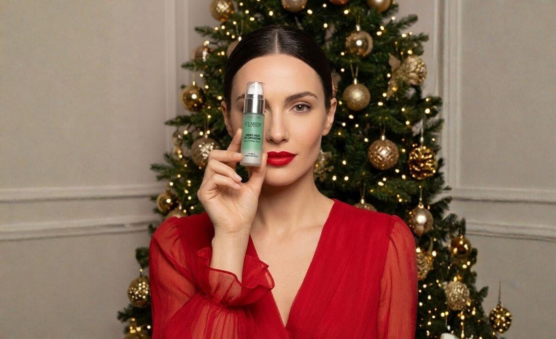 Modella in abito rosso natalizio mostra il Siero Viso ai Liposomi di Claride Fitocosmesi davanti a un albero di Natale illuminato.