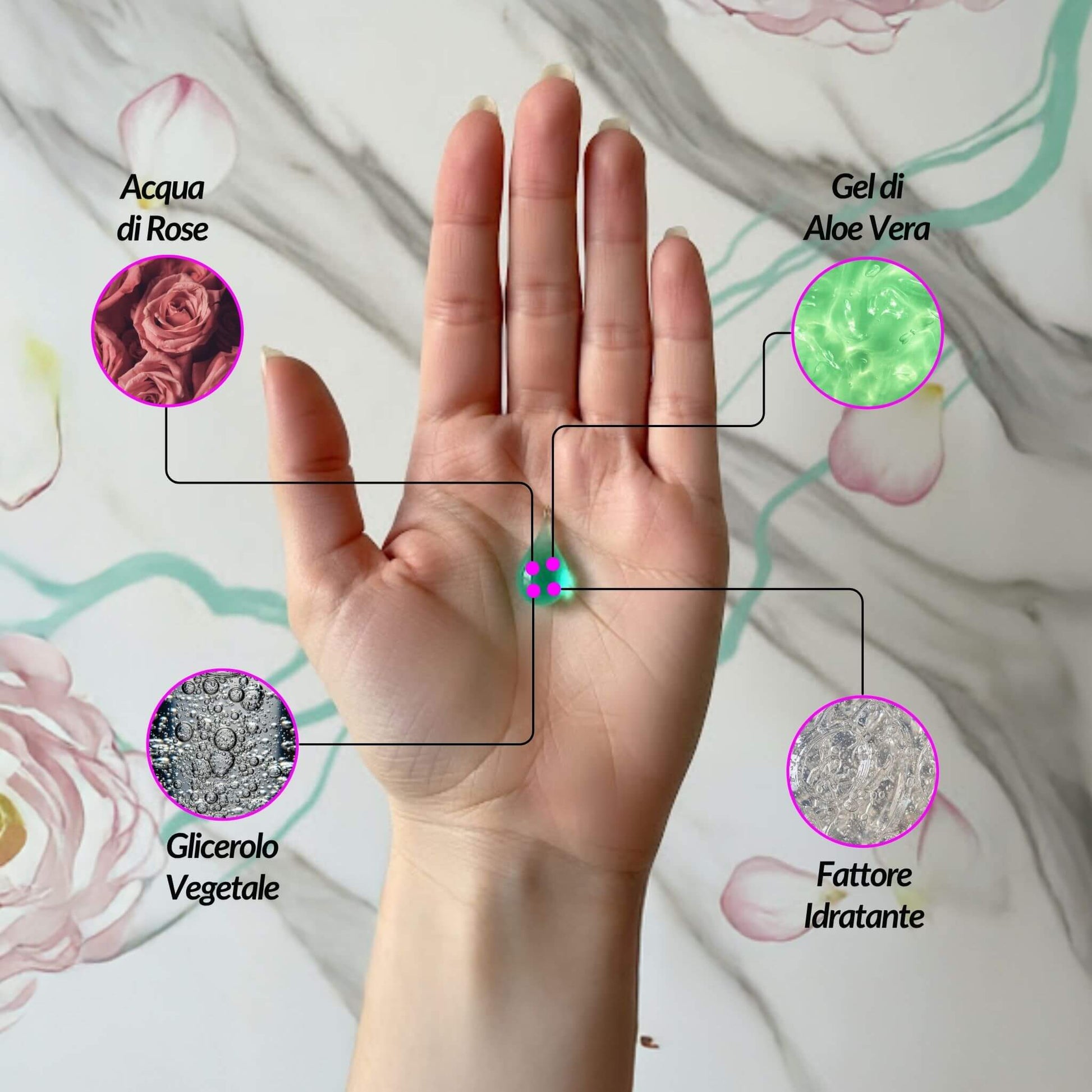 Infografica degli ingredienti idratanti dello Struccante Bifasico: Acqua di Rose, Gel di Aloe Vera, Glicerolo Vegetale e Fattore Idratante.
