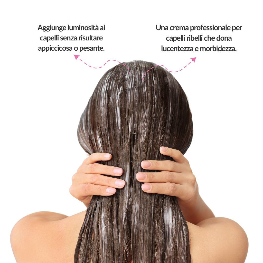 Applicazione della maschera disciplinante Claride Fitocosmesi sui capelli: aggiunge luminosità senza appiccicare e dona lucentezza e morbidezza ai capelli ribelli.