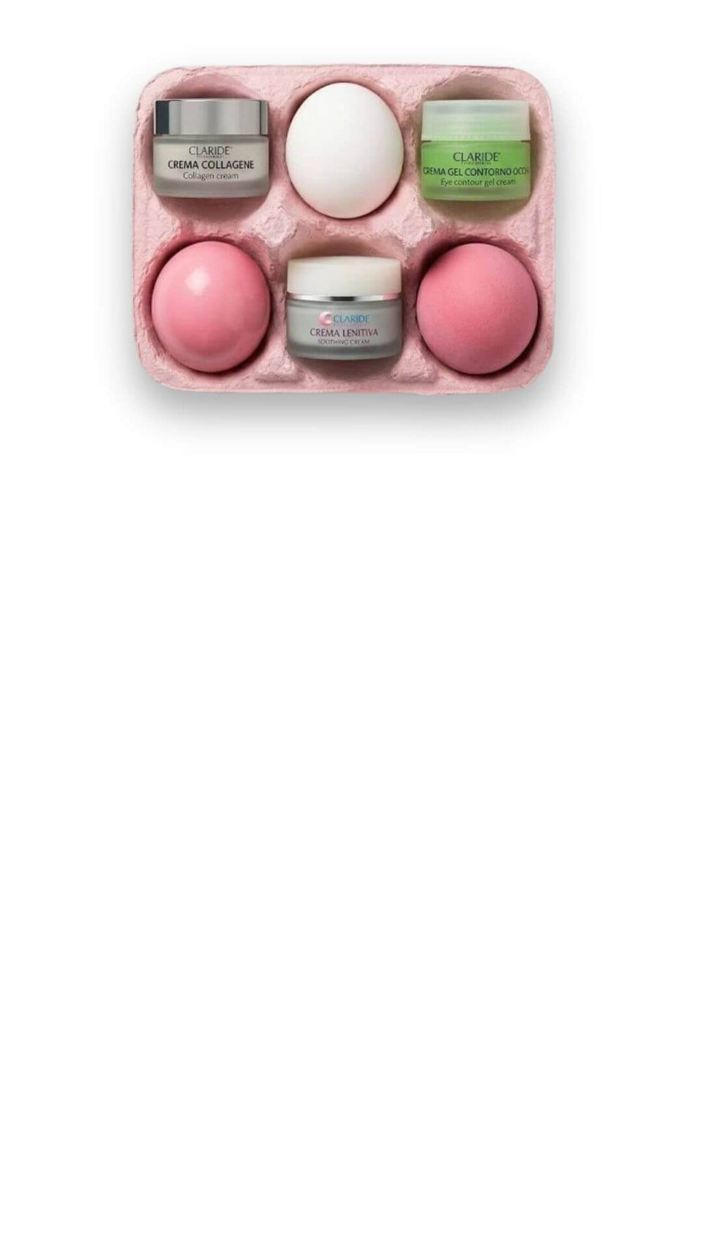 Banner mobile di Aprile per Claride Fitocosmesi: dettaglio di un portauova rosa contenente Crema Collagene, Crema Gel Contorno Occhi e Crema Lenitiva con uova colorate, per la promozione pasquale.