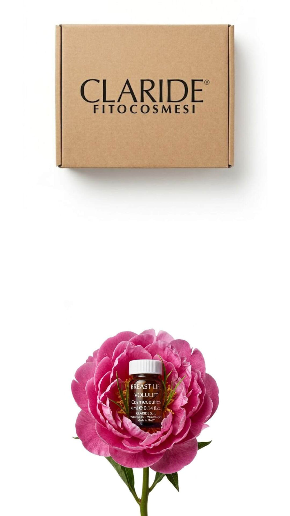 Speciale Sconto di Aprile su Claride Fitocosmesi: clicca per attivare la promozione. Grafica verticale con la scatola spedizioni ufficiale in alto e una fiala di Volulift Cosmeceutico adagiata tra i petali di una peonia rosa in fiore in basso.