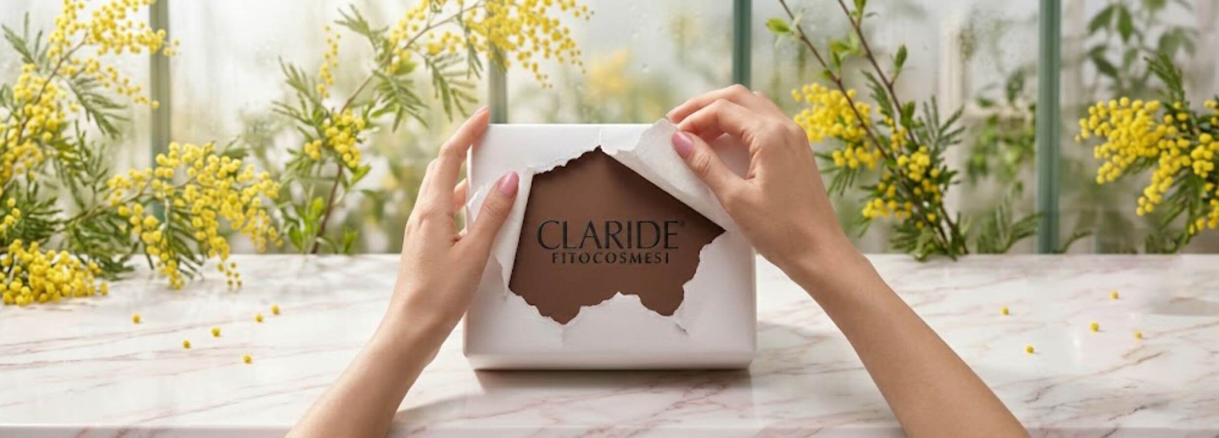 Mani femminili che aprono una confezione regalo Claride Fitocosmesi circondata da fiori di mimosa freschi in occasione della promozione di primavera.